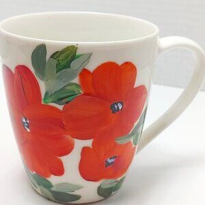 NEW Hand Painted RED Floral Mug, Coffee Tea lovers mug, pretty White Mug, Gift